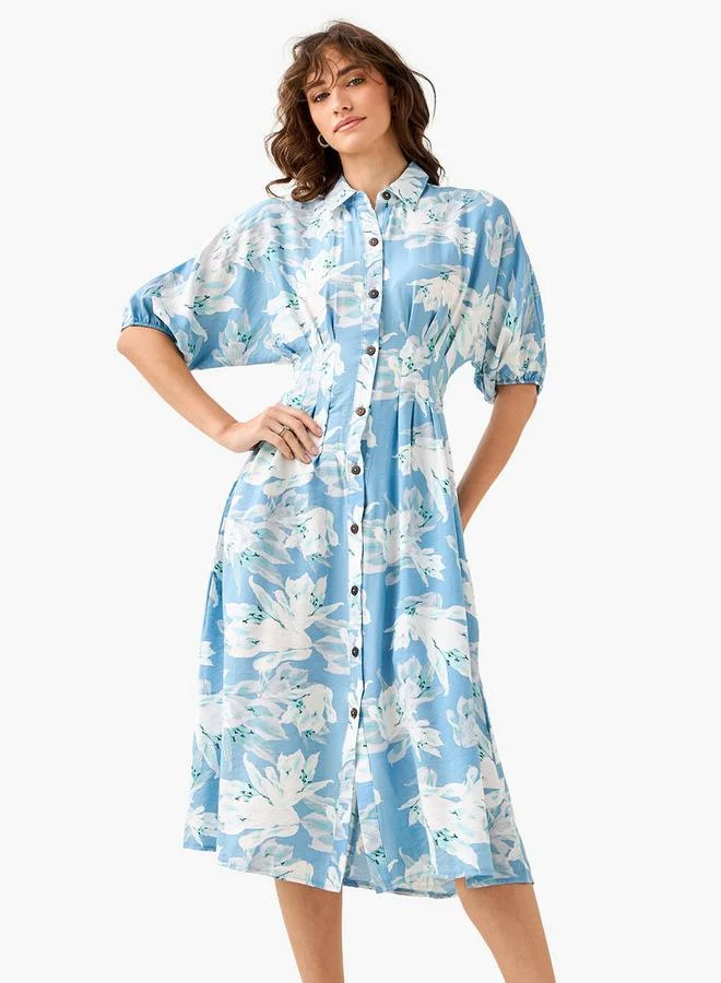 سبلاش فيڤ Floral Print Shirt Style Women Dress with Collar Viscose